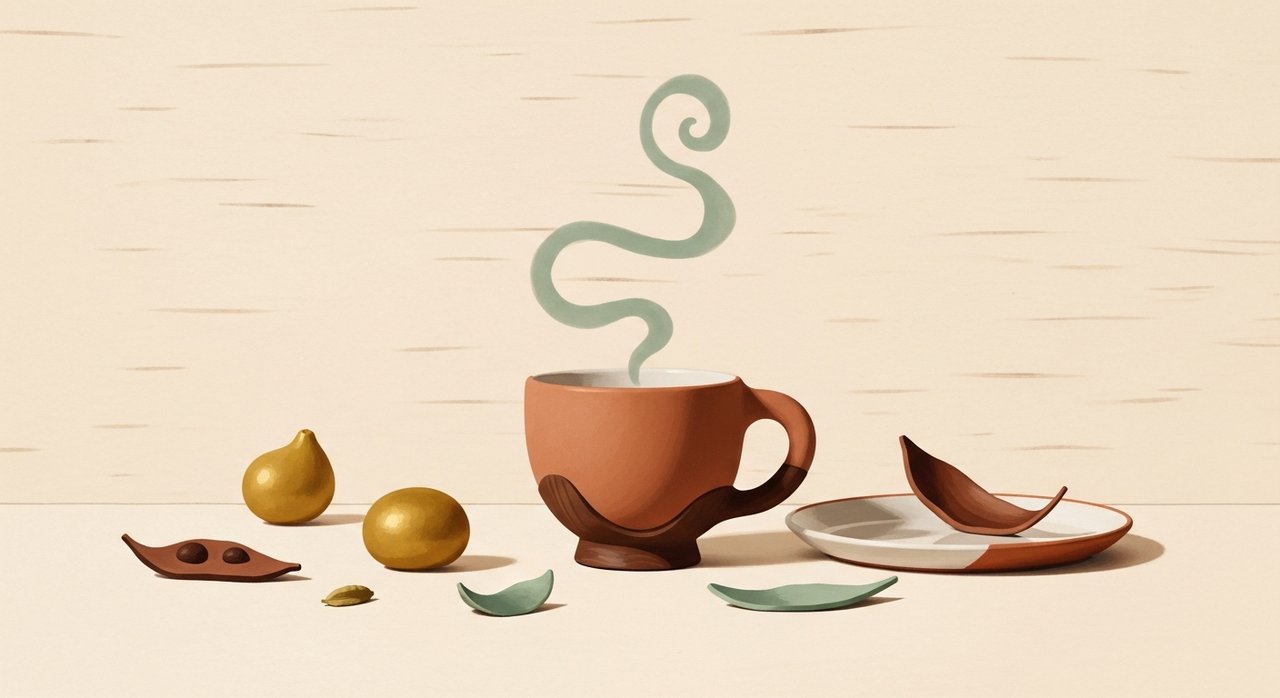 Pause — steam rising in soft sage curls